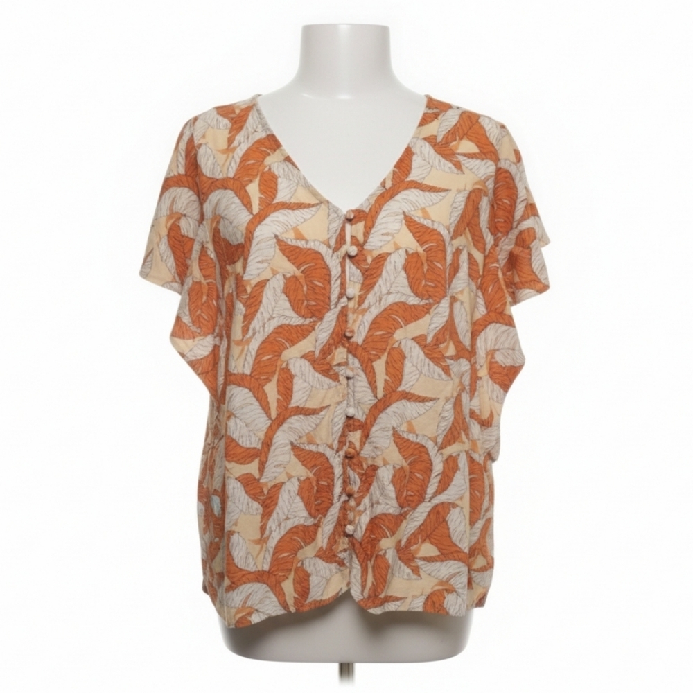 Nine West Boho Leaf Print Button Front Blouse Orange Flutter Sleeve Top XXL